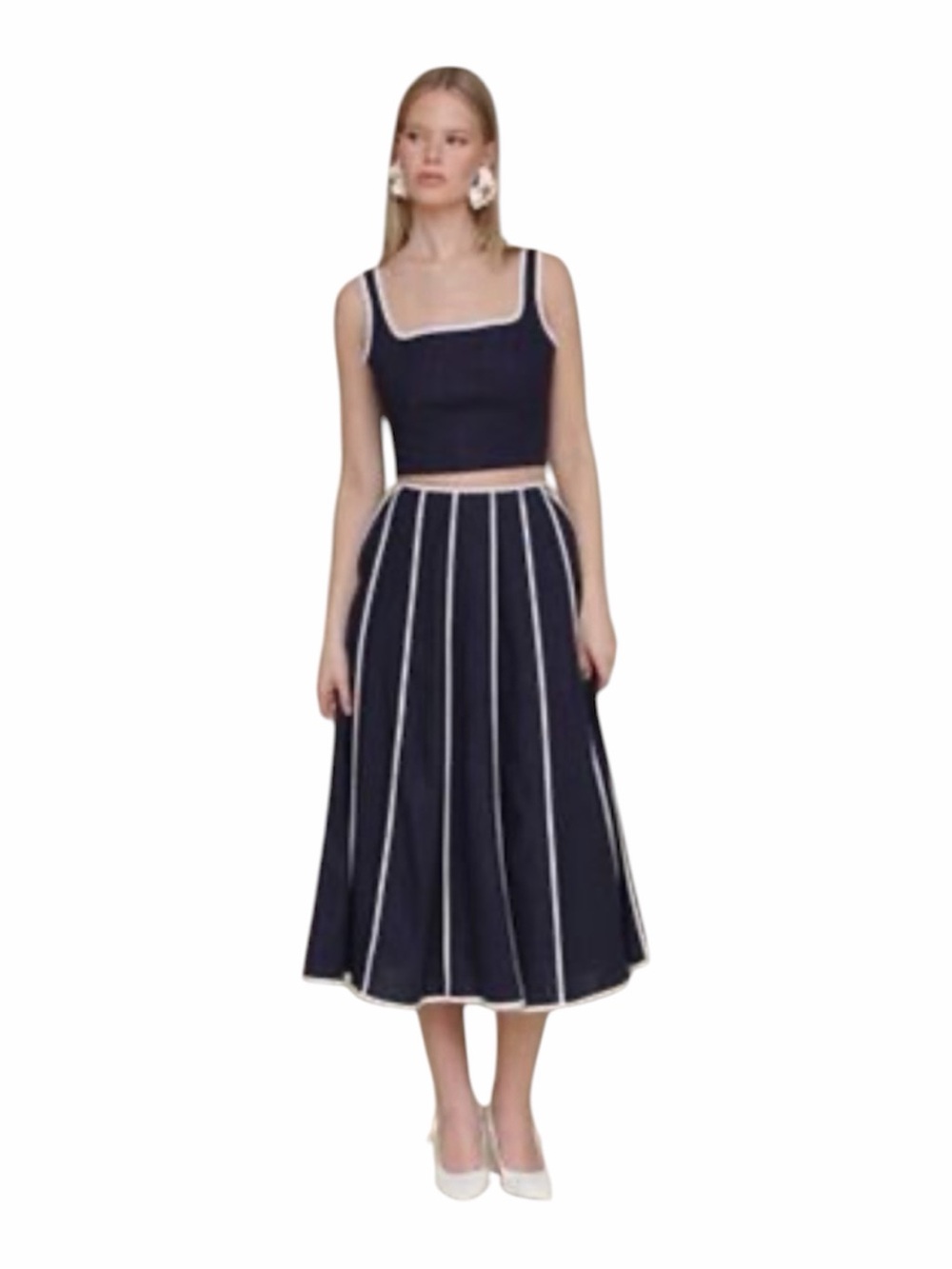 Camila Coelho Navy Blue White Piping ALine Midi Skirt Womans US Size 4 Lined Zip